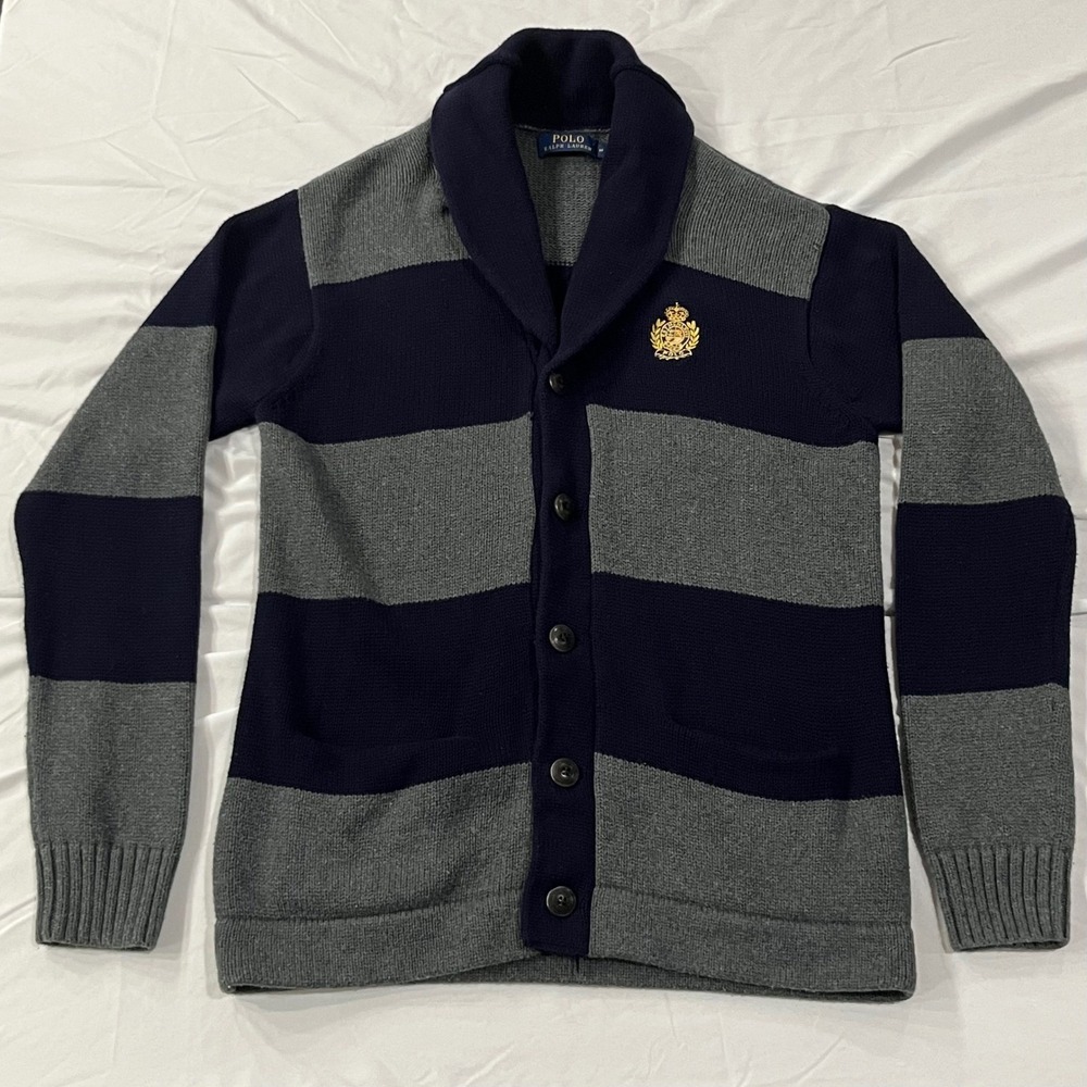 Polo‎ Ralph Lauren Shawl Collar Rugby Cardigan Sweater Medium Striped Preppy